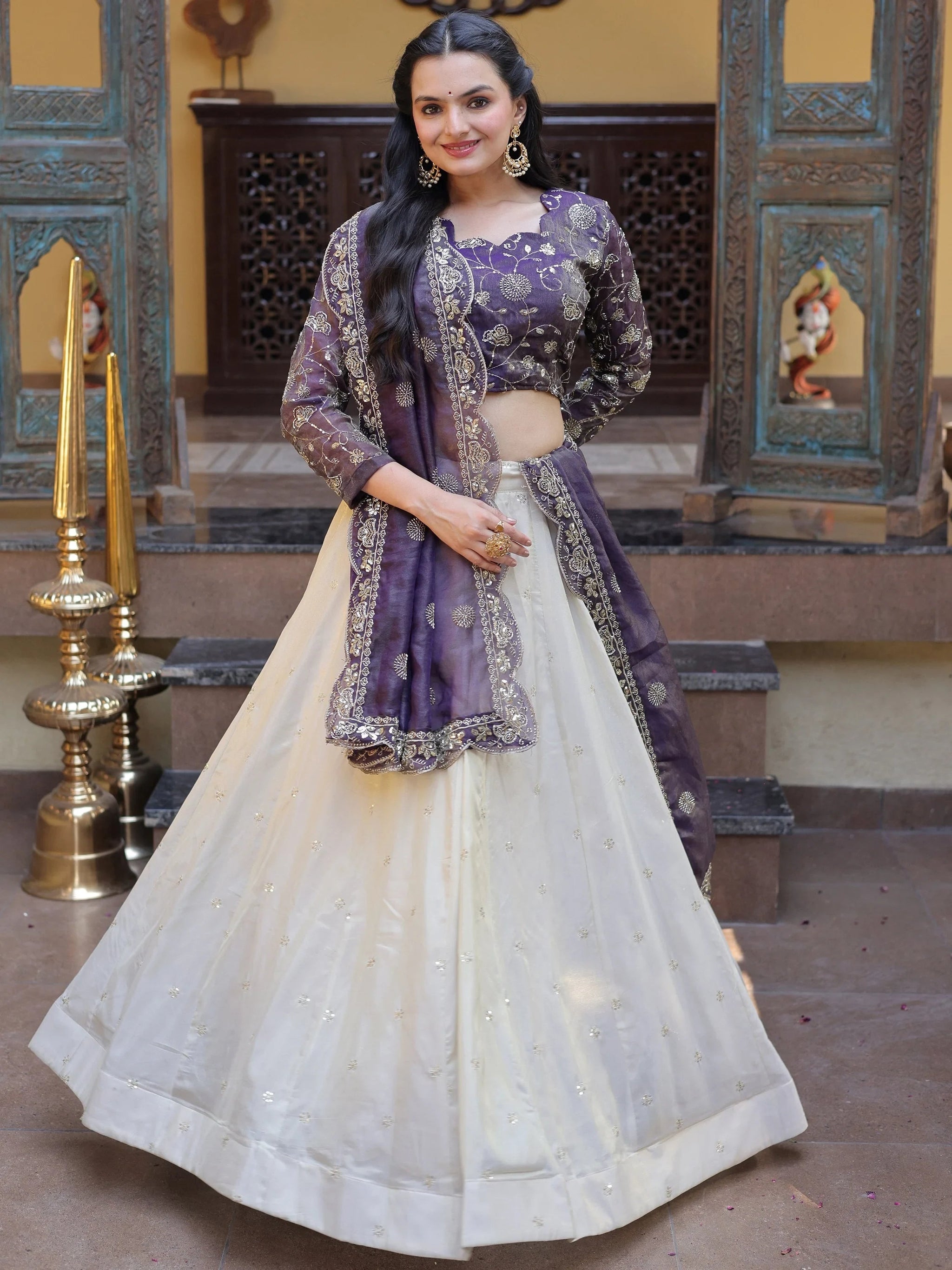 Charming Cream Sequins Embroidered Silk Wedding Wear Lehenga Choli