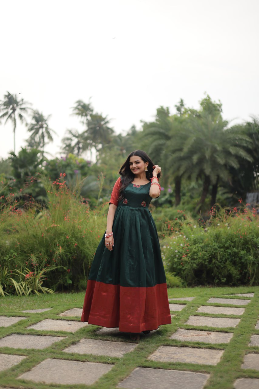 Elegant Banarasi Jacquard Silk Green Gown with Textured Weave