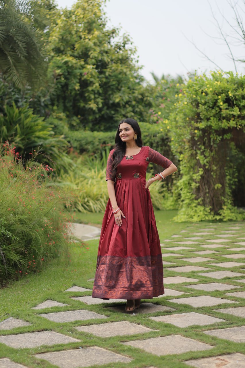 Elegant Banarasi Jacquard Silk Maroon Gown with Textured Weave