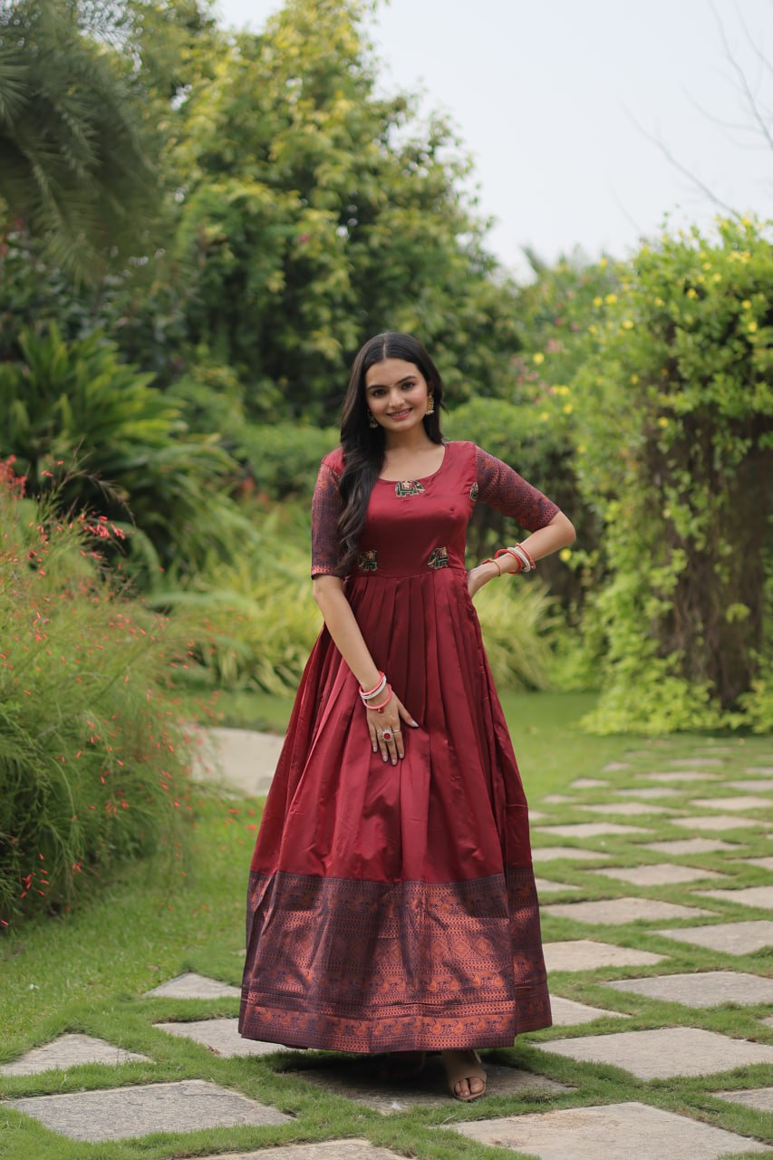 Elegant Banarasi Jacquard Silk Maroon Gown with Textured Weave