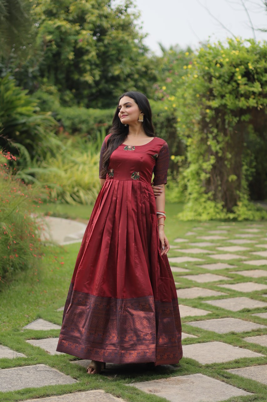 Elegant Banarasi Jacquard Silk Maroon Gown with Textured Weave