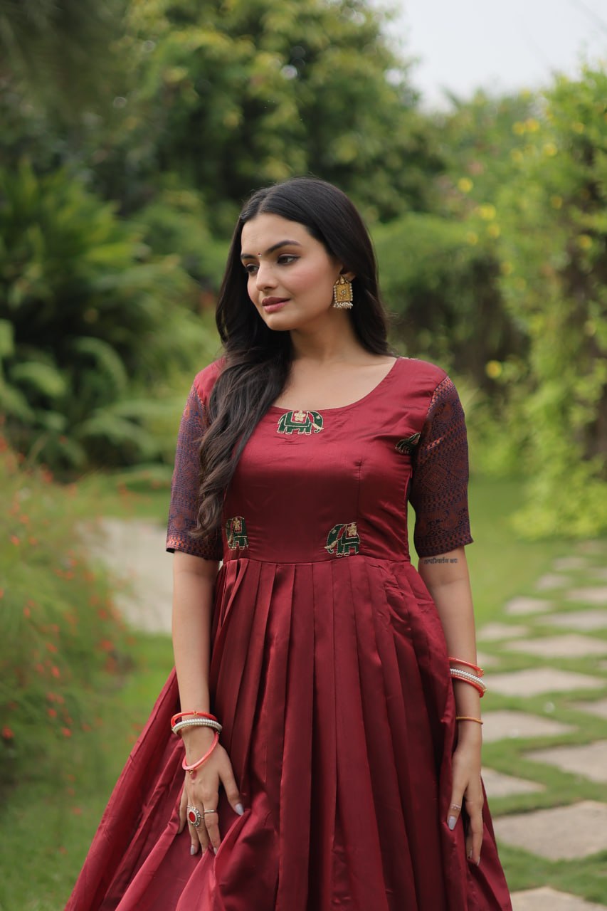 Elegant Banarasi Jacquard Silk Maroon Gown with Textured Weave