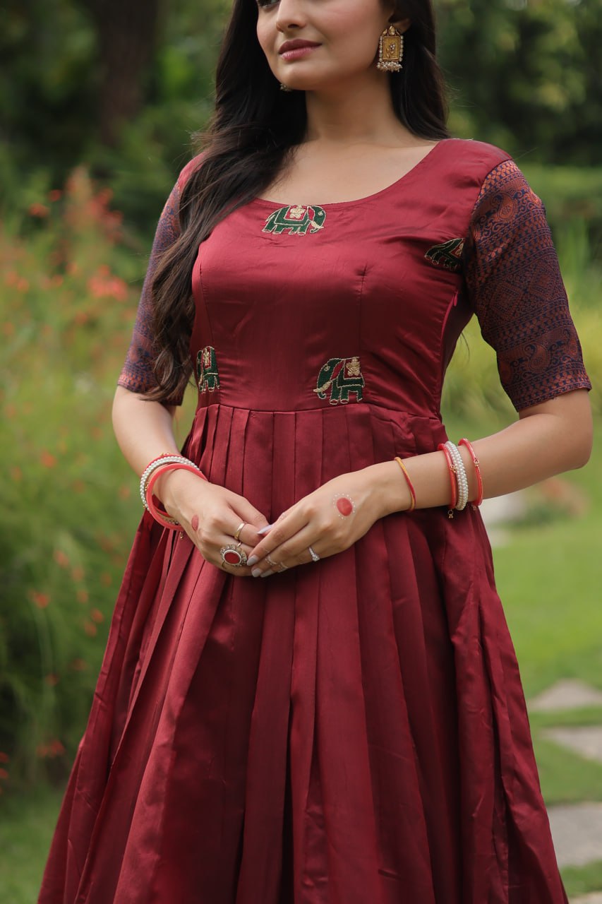 Elegant Banarasi Jacquard Silk Maroon Gown with Textured Weave