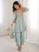 Marvelous Sky Blue Mirror Work Silk Festival Wear Pant Suit
