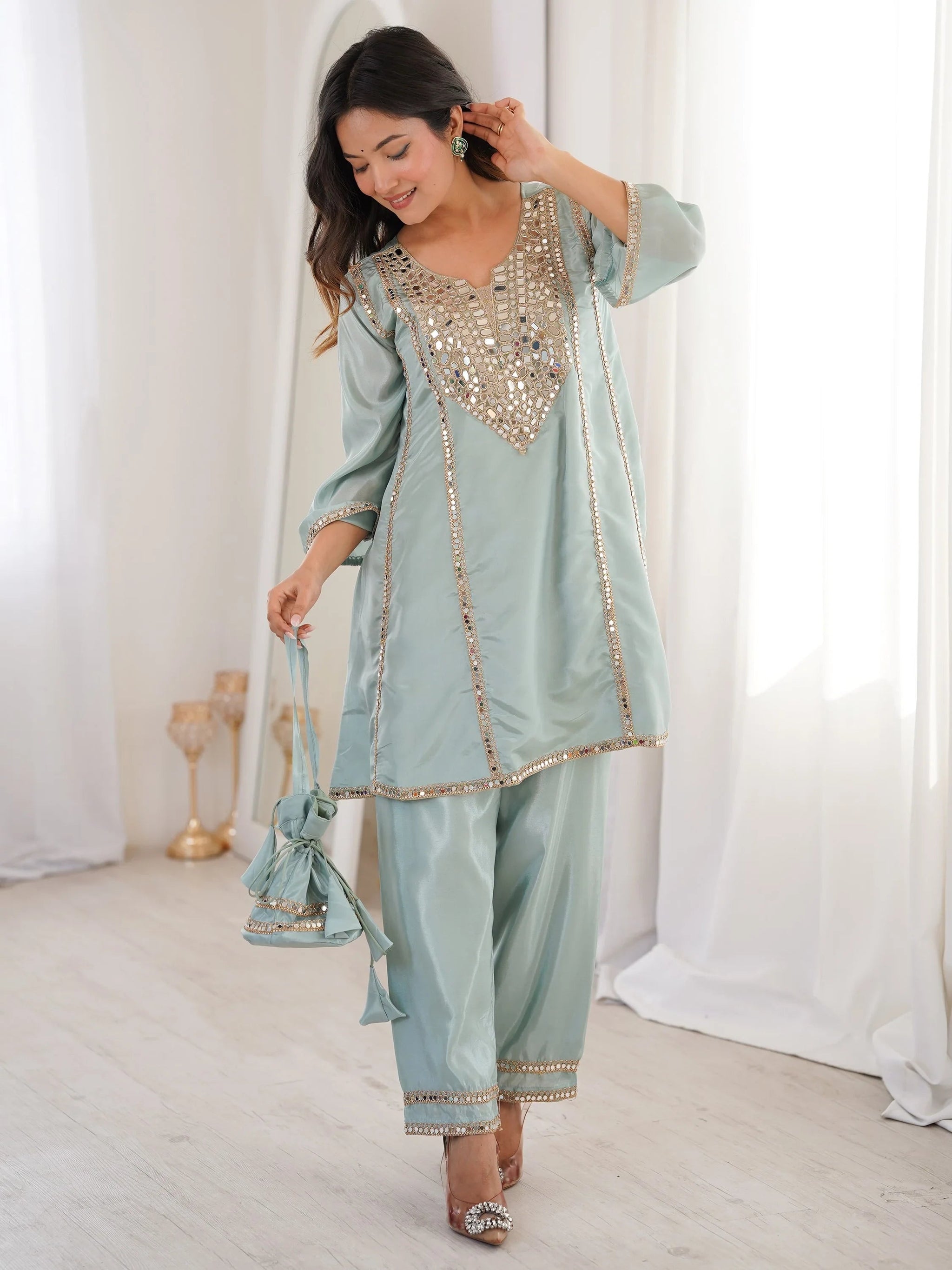 Marvelous Sky Blue Mirror Work Silk Festival Wear Pant Suit