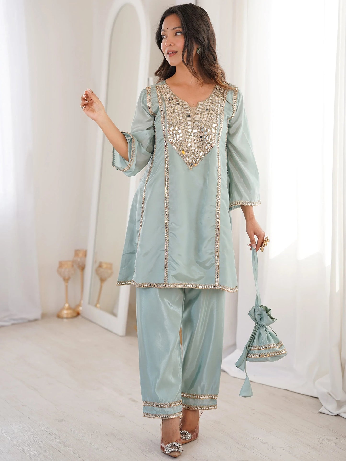 Marvelous Sky Blue Mirror Work Silk Festival Wear Pant Suit