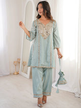 Marvelous Sky Blue Mirror Work Silk Festival Wear Pant Suit