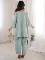 Marvelous Sky Blue Mirror Work Silk Festival Wear Pant Suit