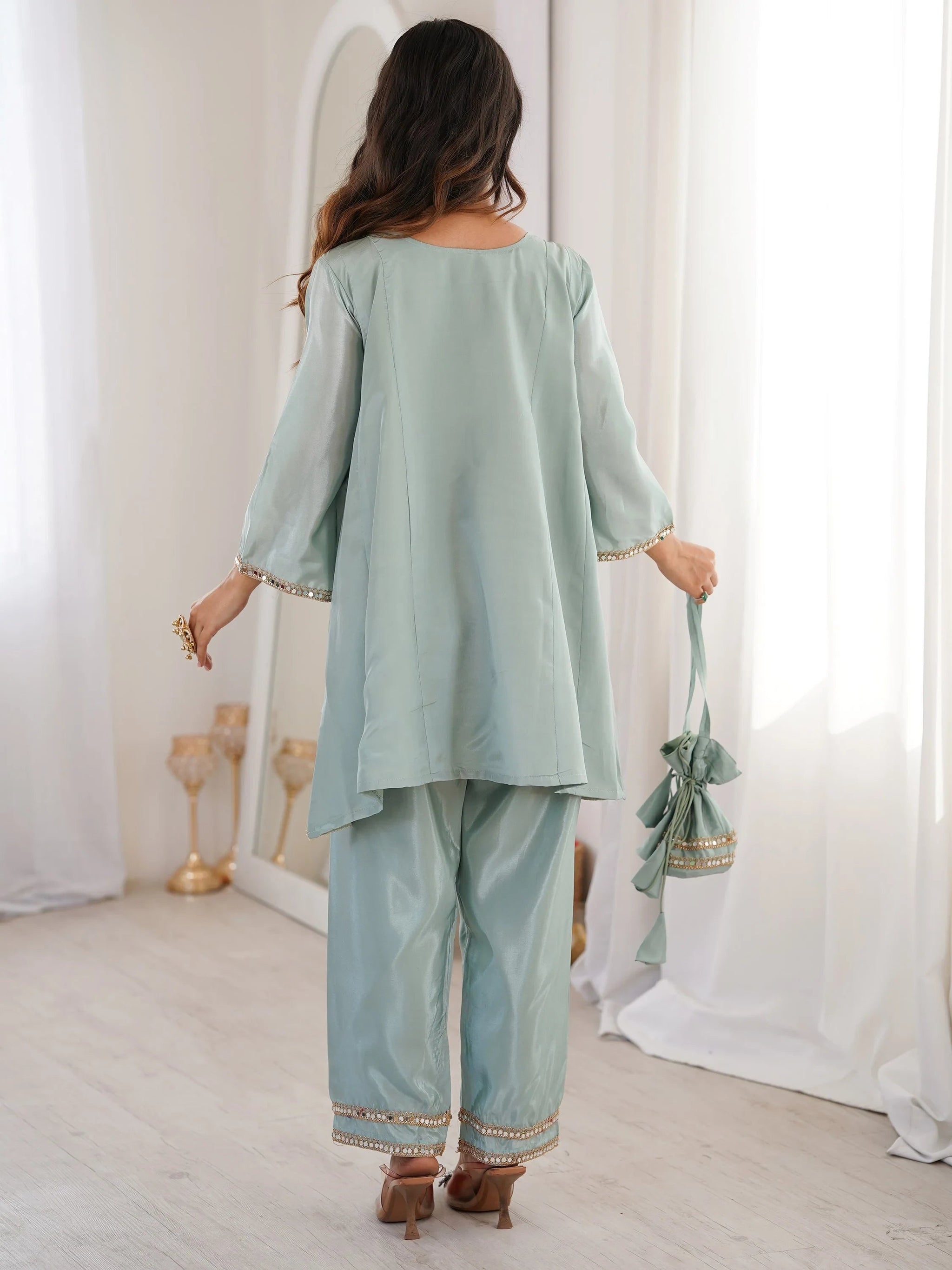 Marvelous Sky Blue Mirror Work Silk Festival Wear Pant Suit