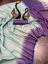 Amazing Firozi Kanjivaram Silk Saree With Elegant Blouse Piece