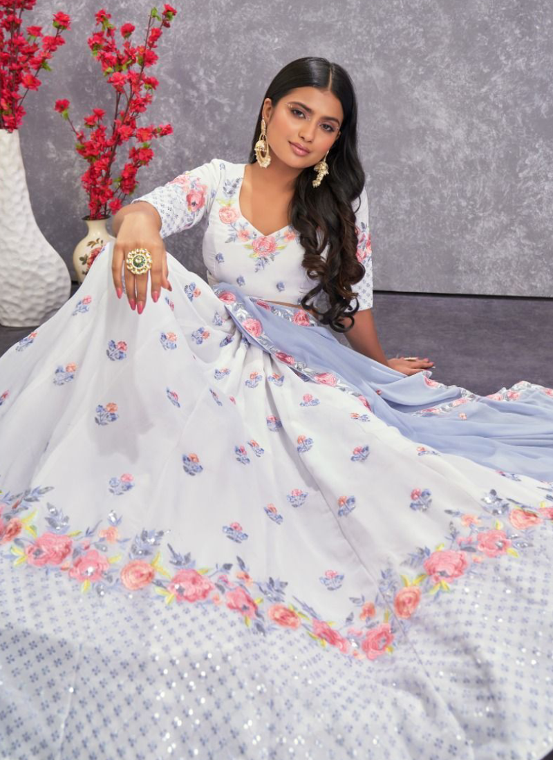 Latest Pearl White Thread Work Georgette Lehenga Choli
