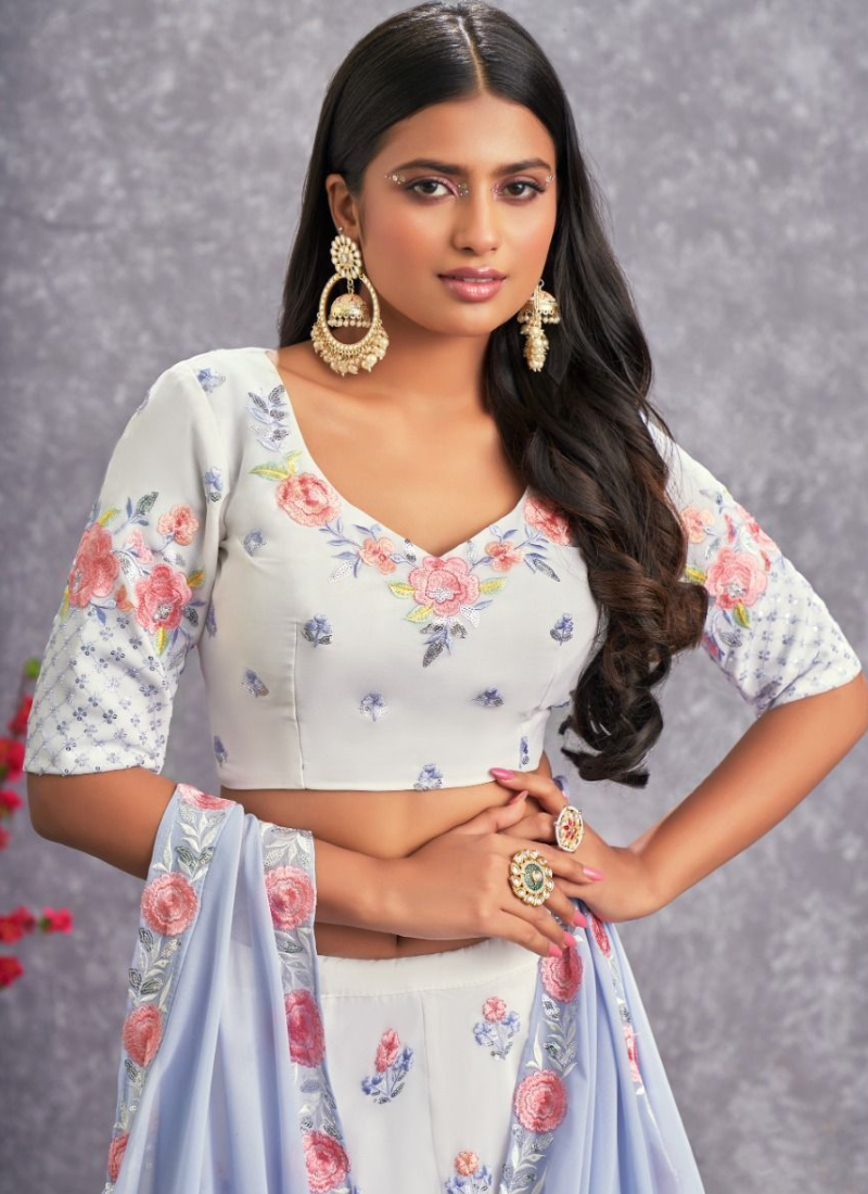 Latest Pearl White Thread Work Georgette Lehenga Choli