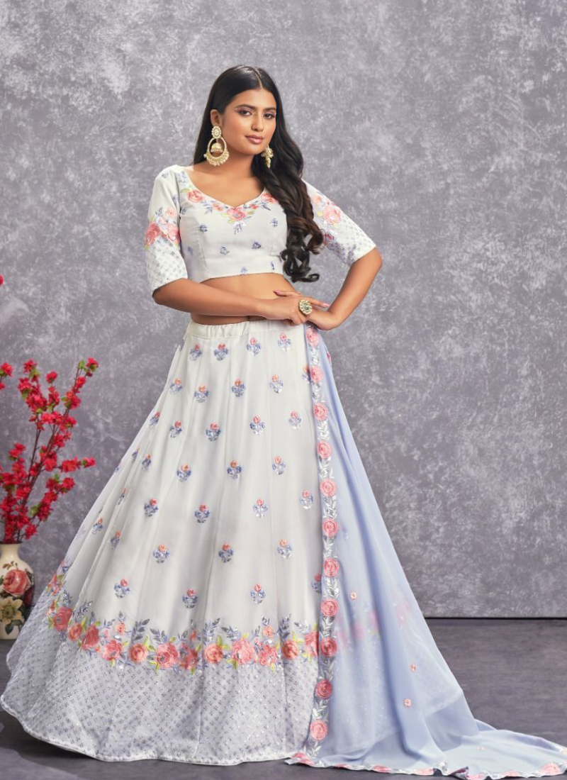 Latest Pearl White Thread Work Georgette Lehenga Choli
