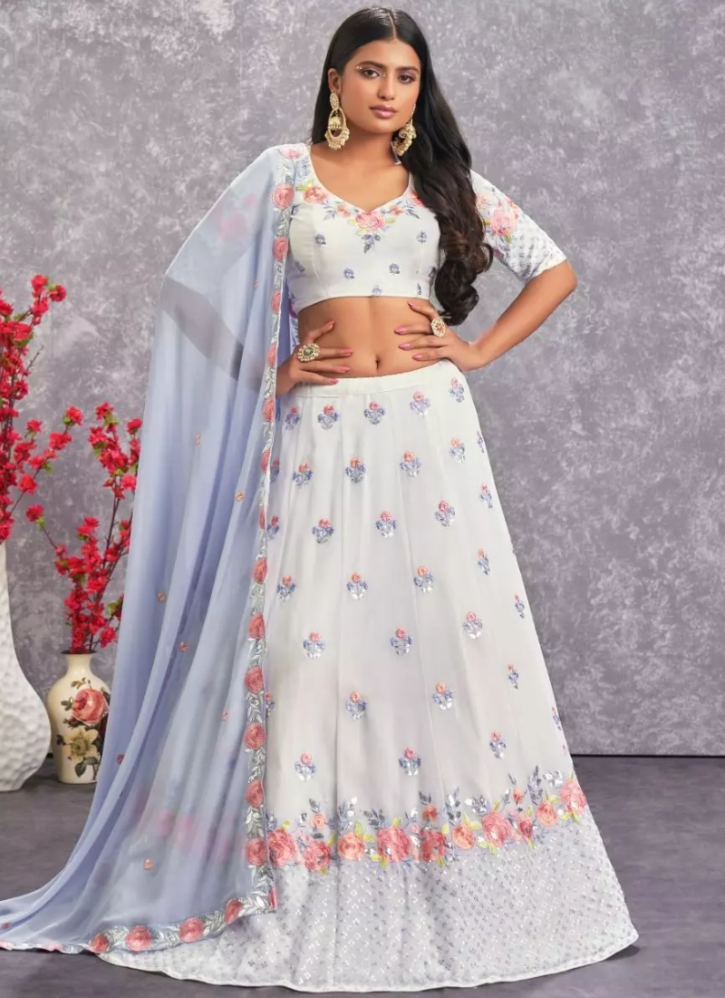 Latest Pearl White Thread Work Georgette Lehenga Choli