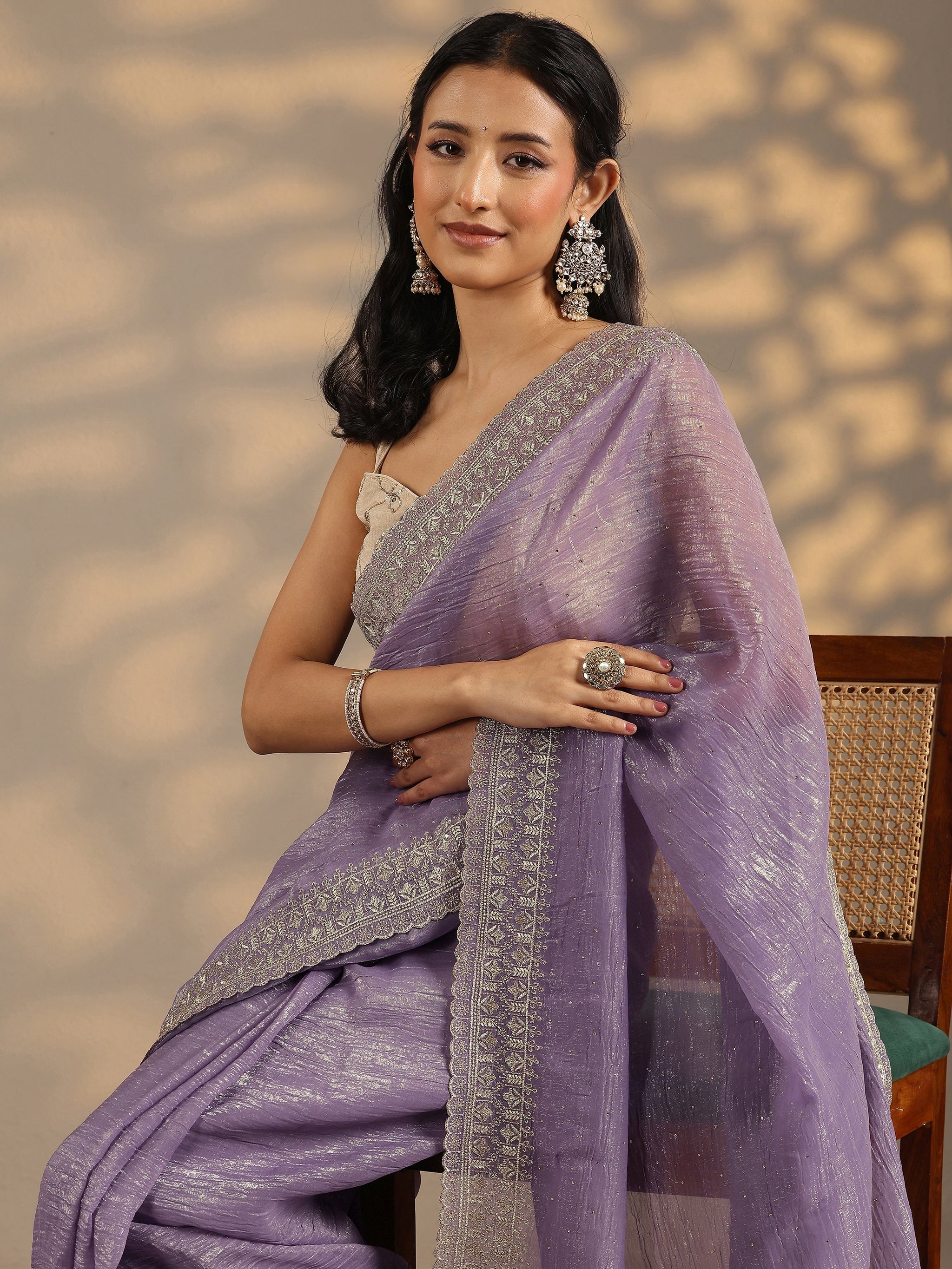 Libas Lavender Embellished Silk Blend Saree With Unstitched Blouse Piece