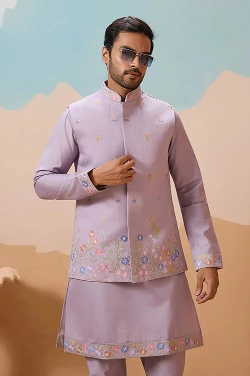 Trendy Lavender Wedding Celebration Beige Kurta Koti Pant Mens