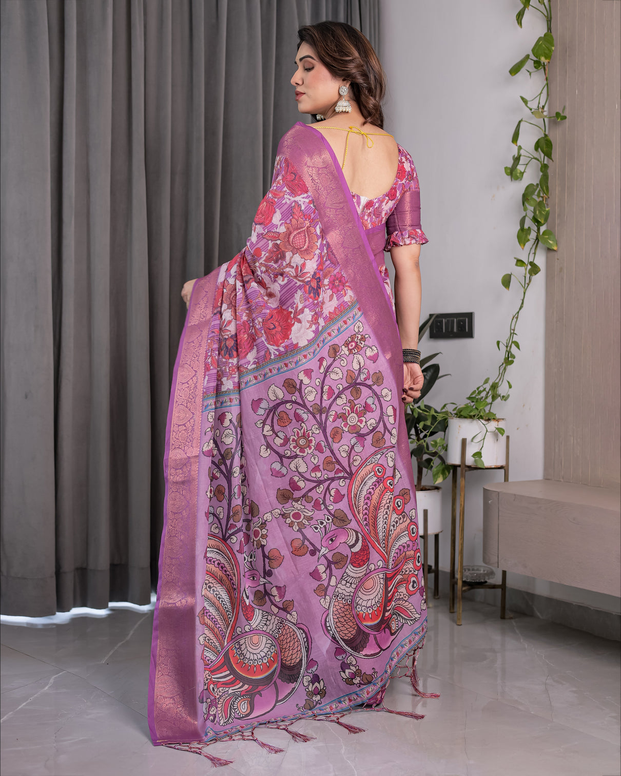 Lavender pink handloom linen saree with kalamkari peacock pallu