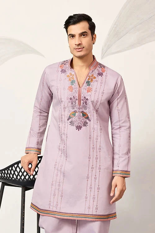 Royal Look Lavender V Neck Kurta Pant for Mens Wear