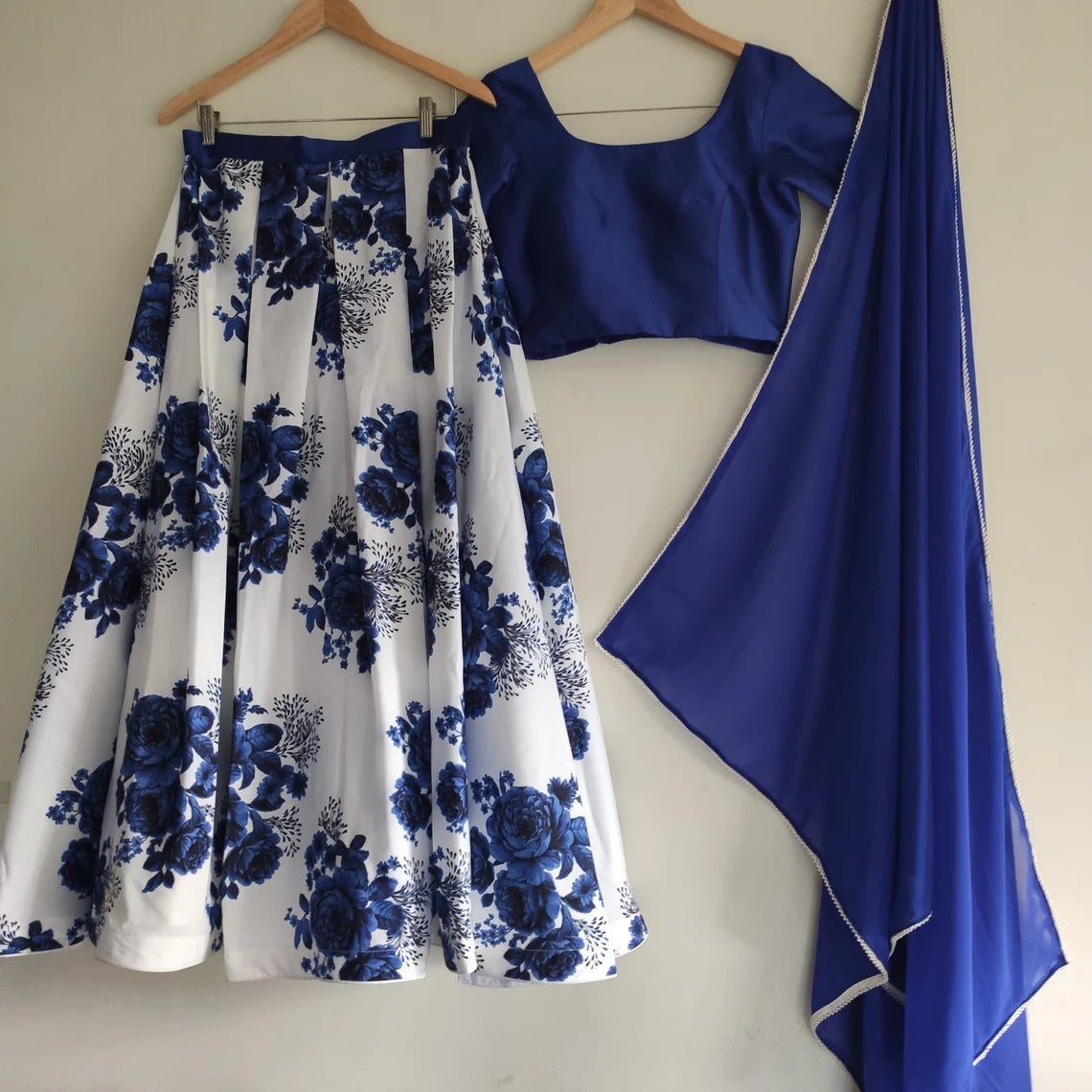 Lehenga Choli in Blue Color with Velvet Top and Silk