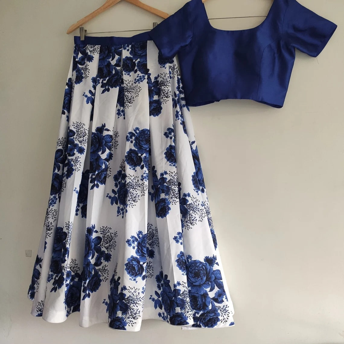 Lehenga Choli in Blue Color with Velvet Top and Silk