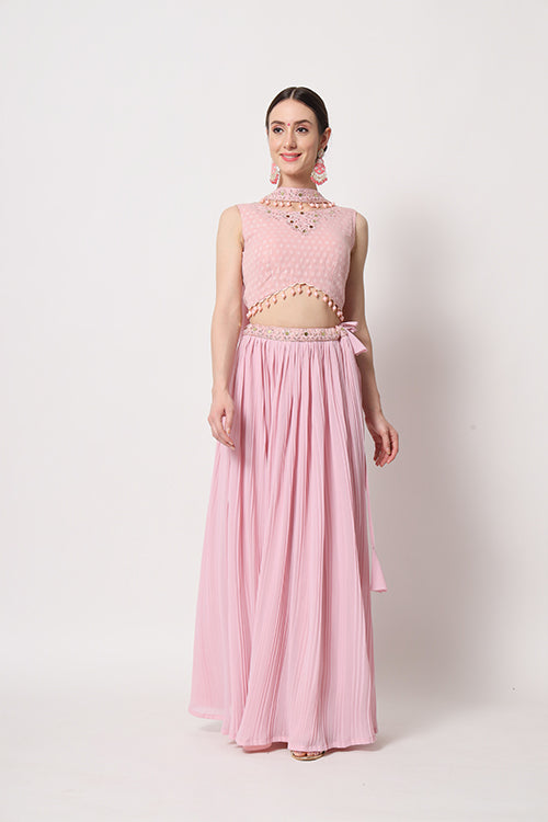 Pink Georgette Crush Pattern On Lehenga Choli