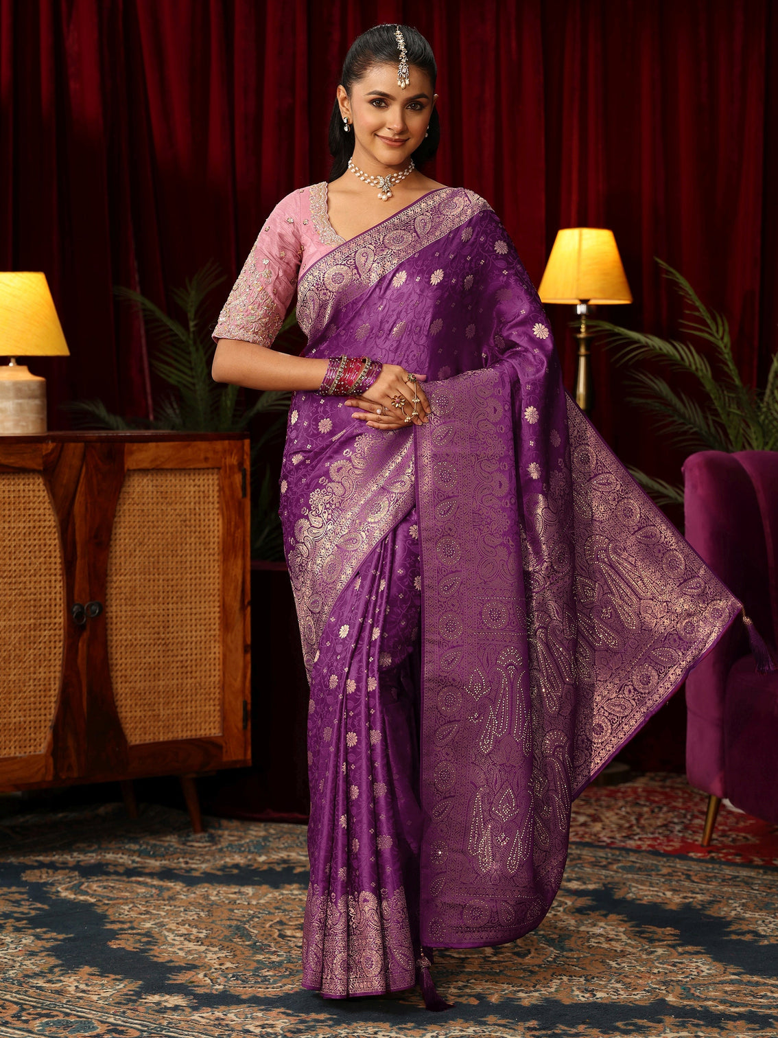 Mameraa Amethyst Purple Floral Brocade Saree with Stone Work