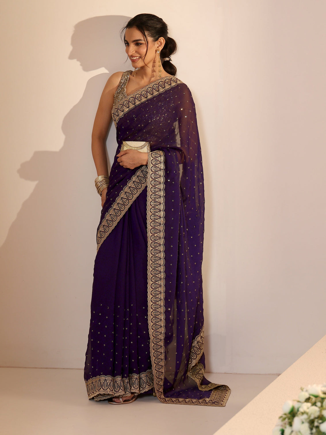 Mameraa Amethyst Purple Tissue Saree with Floral Embellishments