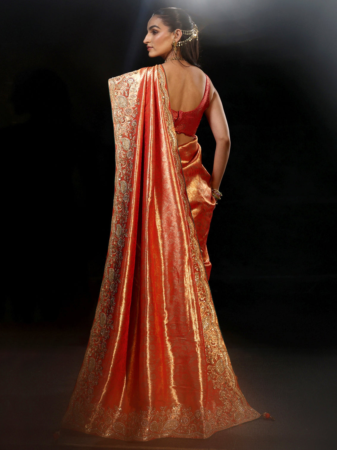 Mameraa Apricot Orange Woven Design Satin Saree with Embellished Border