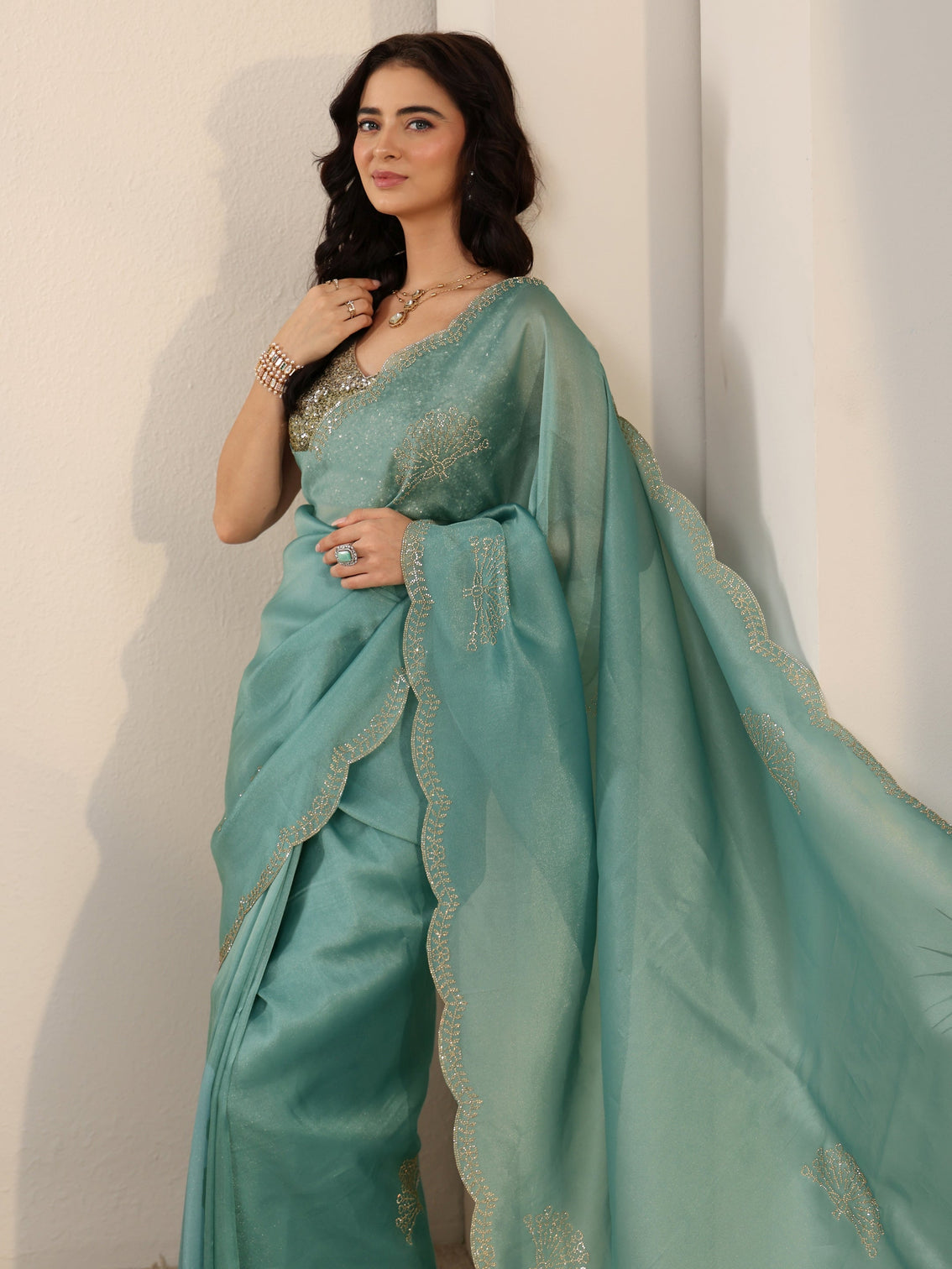 Mameraa Aqua Blue Embellished Organza Saree with Scalloped Border
