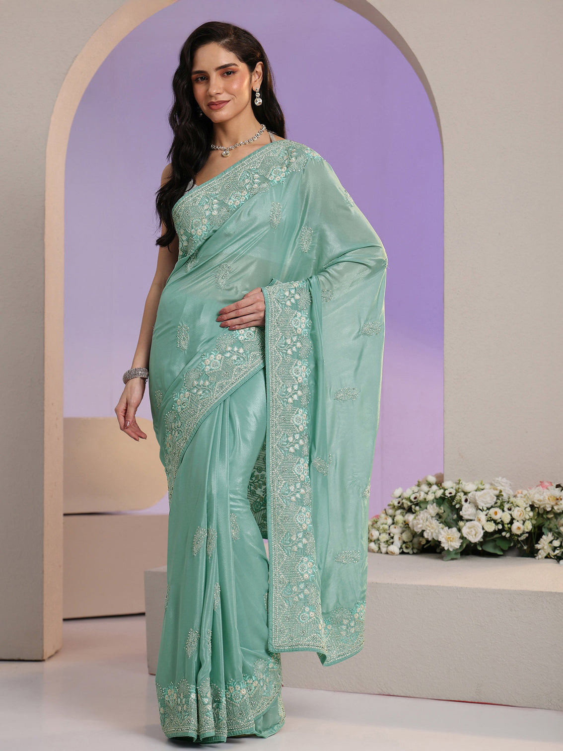 Mameraa Aqua Blue Embroidered Satin Saree