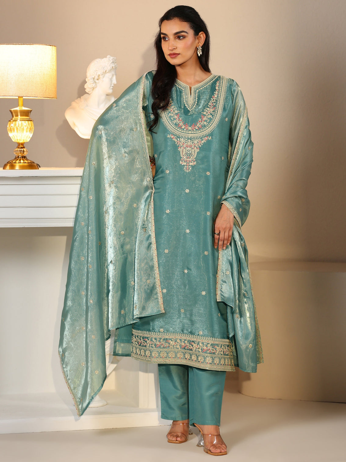 Mameraa Aqua Blue Ethnic Embroidered Tissue Straight  Suit Set