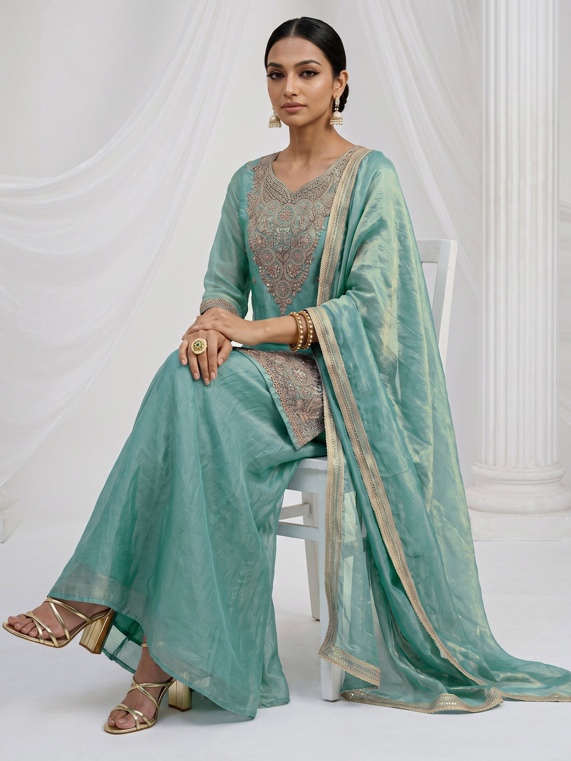 Mameraa Aqua Blue Floral Embellished Tissue Palazzo Suit Set