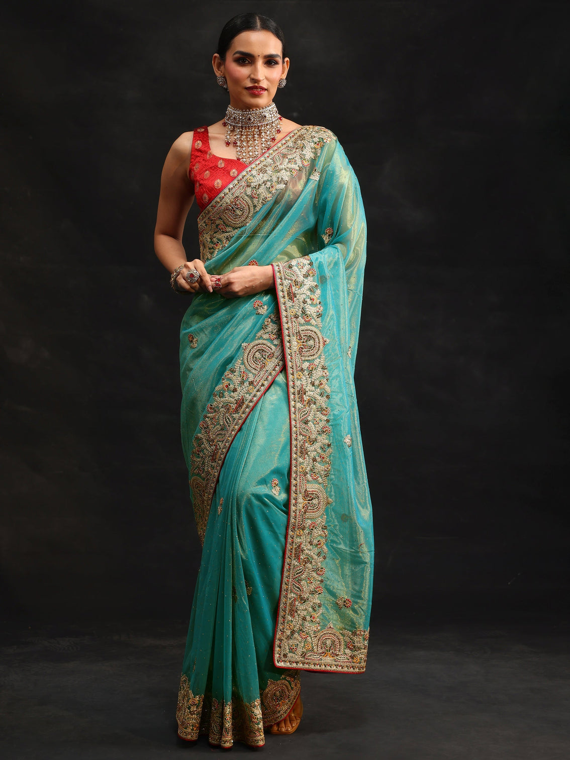 Mameraa Aqua Blue Floral Embroidered Net Saree