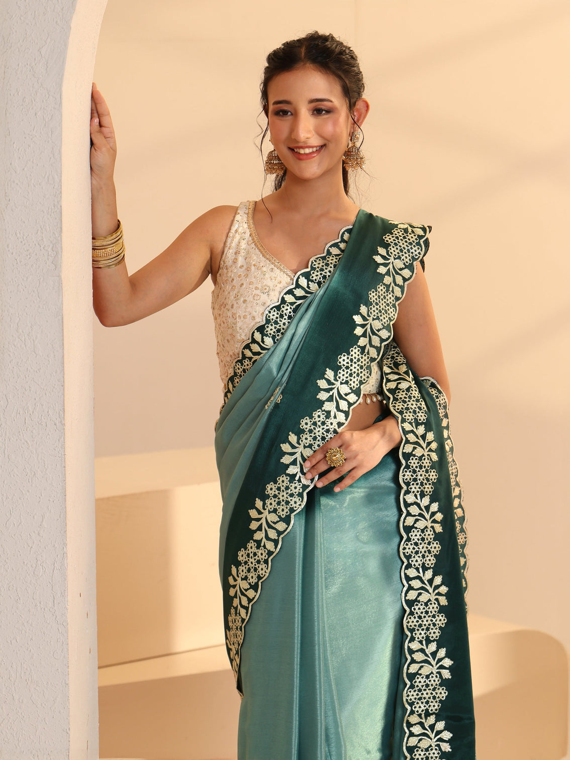 Mameraa Aqua Blue Floral Embroidered Ombre Silk Blend Saree
