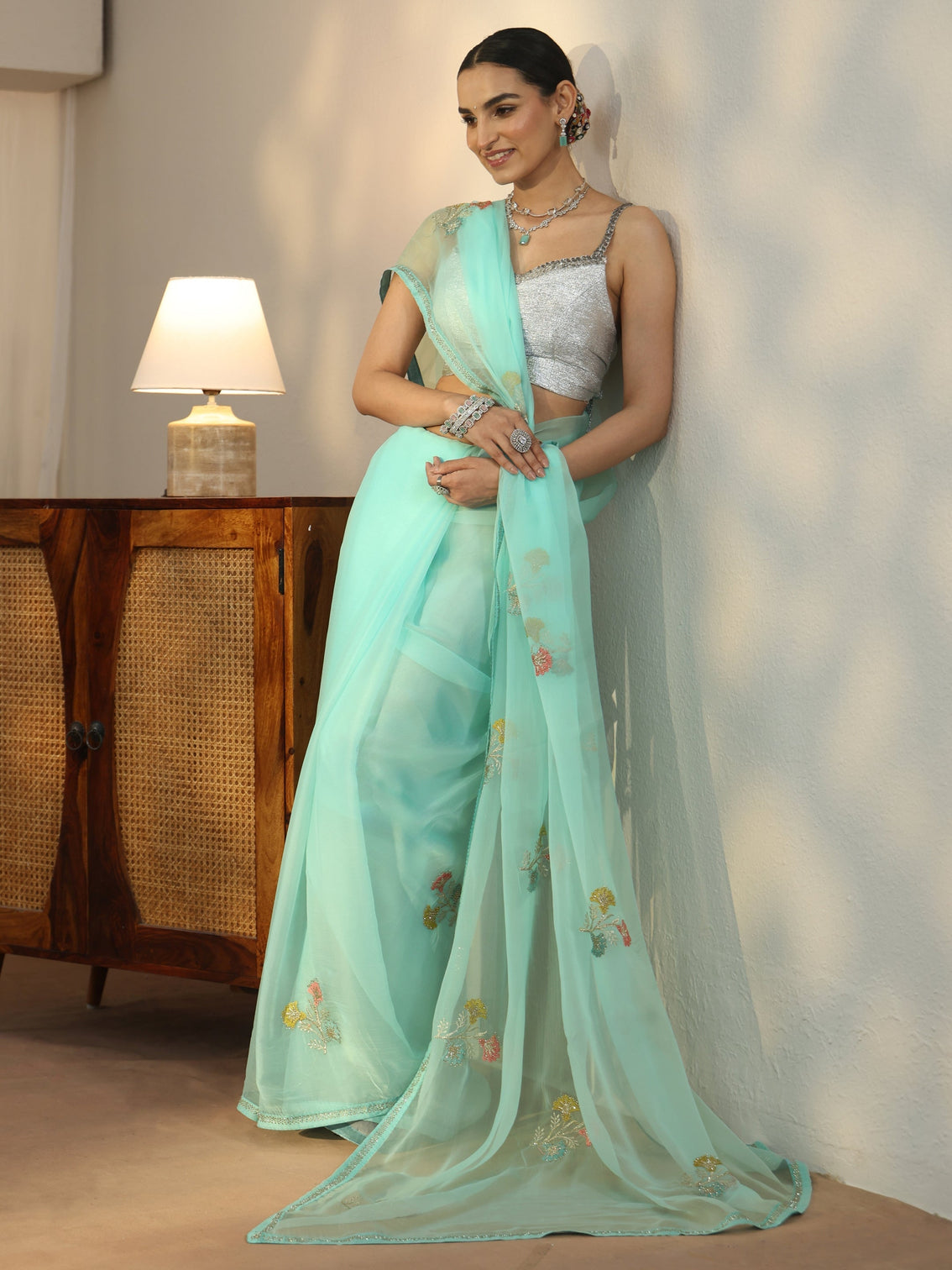 Mameraa Aqua Blue Floral Embroidered Organza Saree