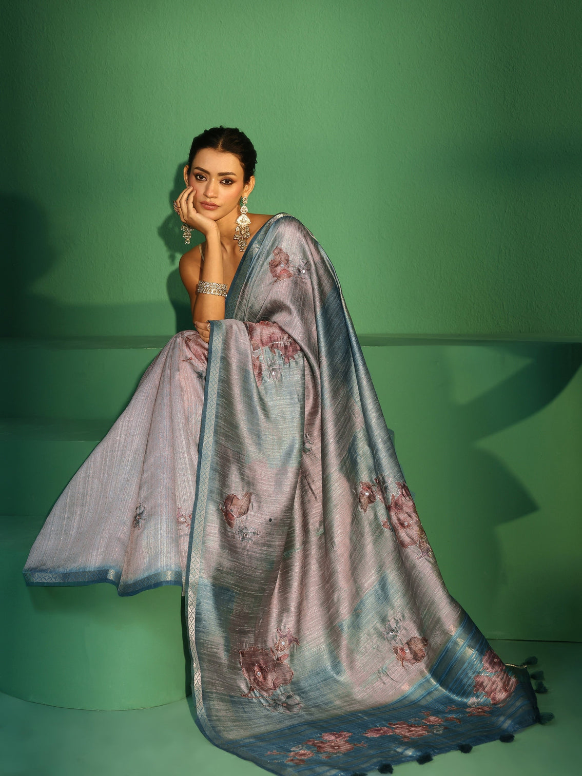Mameraa Aqua Blue Floral Print Silk Blend Saree