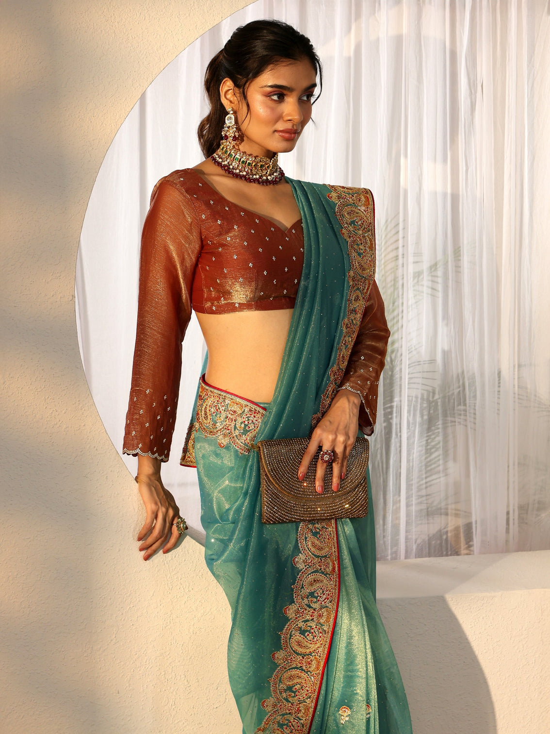 Mameraa Aqua Blue Net Saree with Embellished Paisley Border