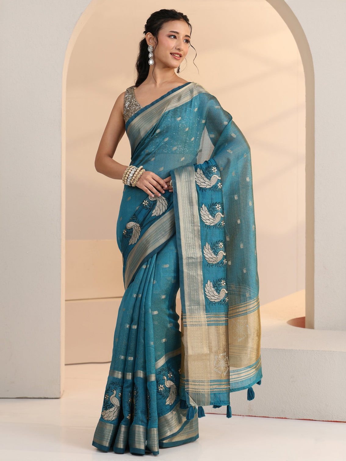 Mameraa Aqua Blue Peacock Motif Chanderi Silk Saree