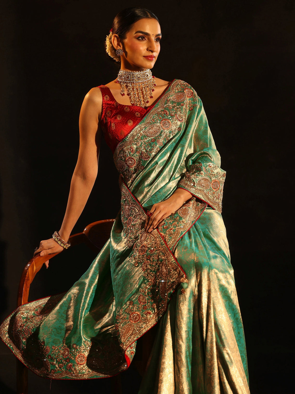 Mameraa Aqua Blue Woven Design Satin Saree with Embellished Border