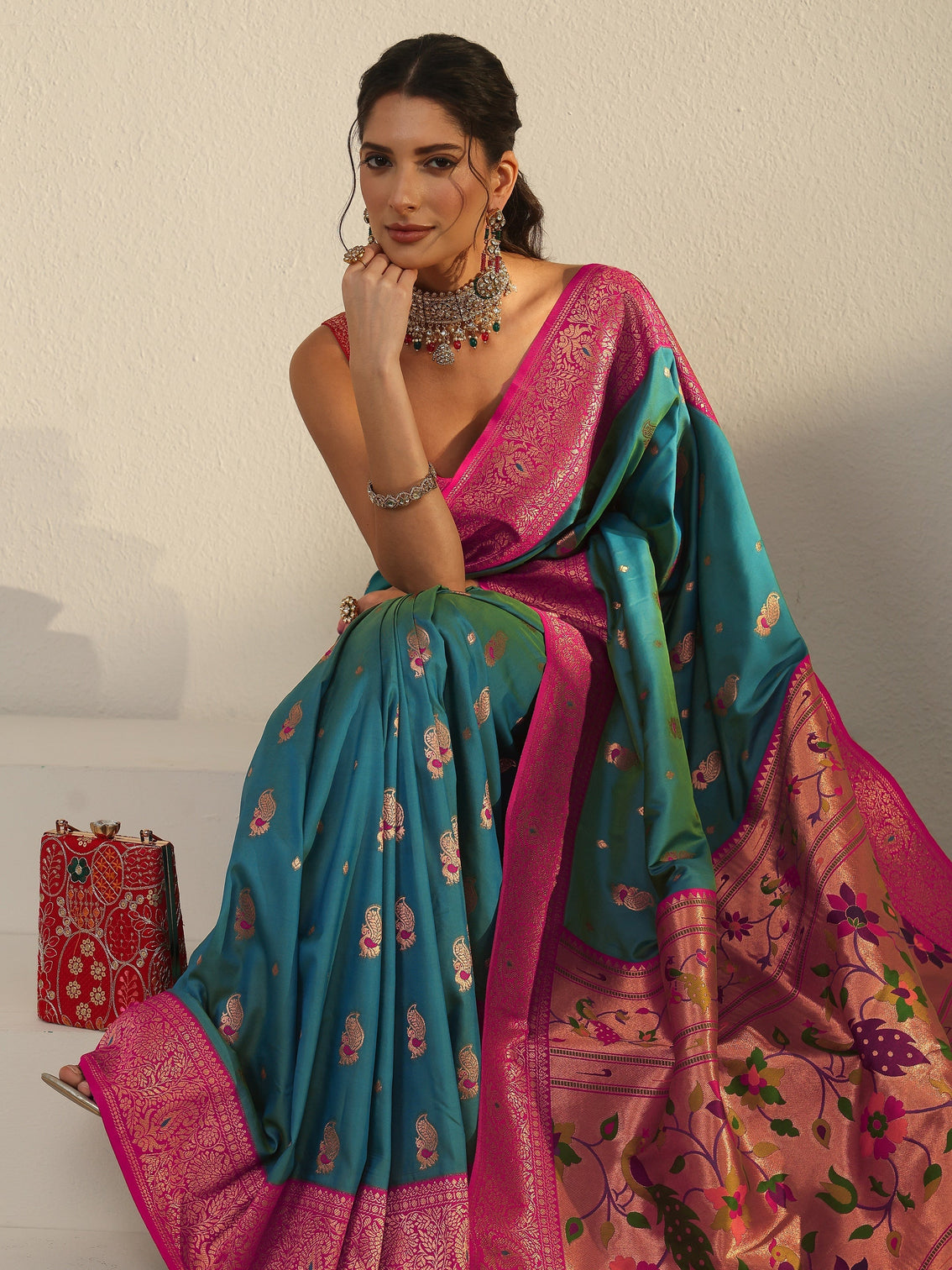 Mameraa Aqua Blue and Pink Silk Blend Paithani Saree