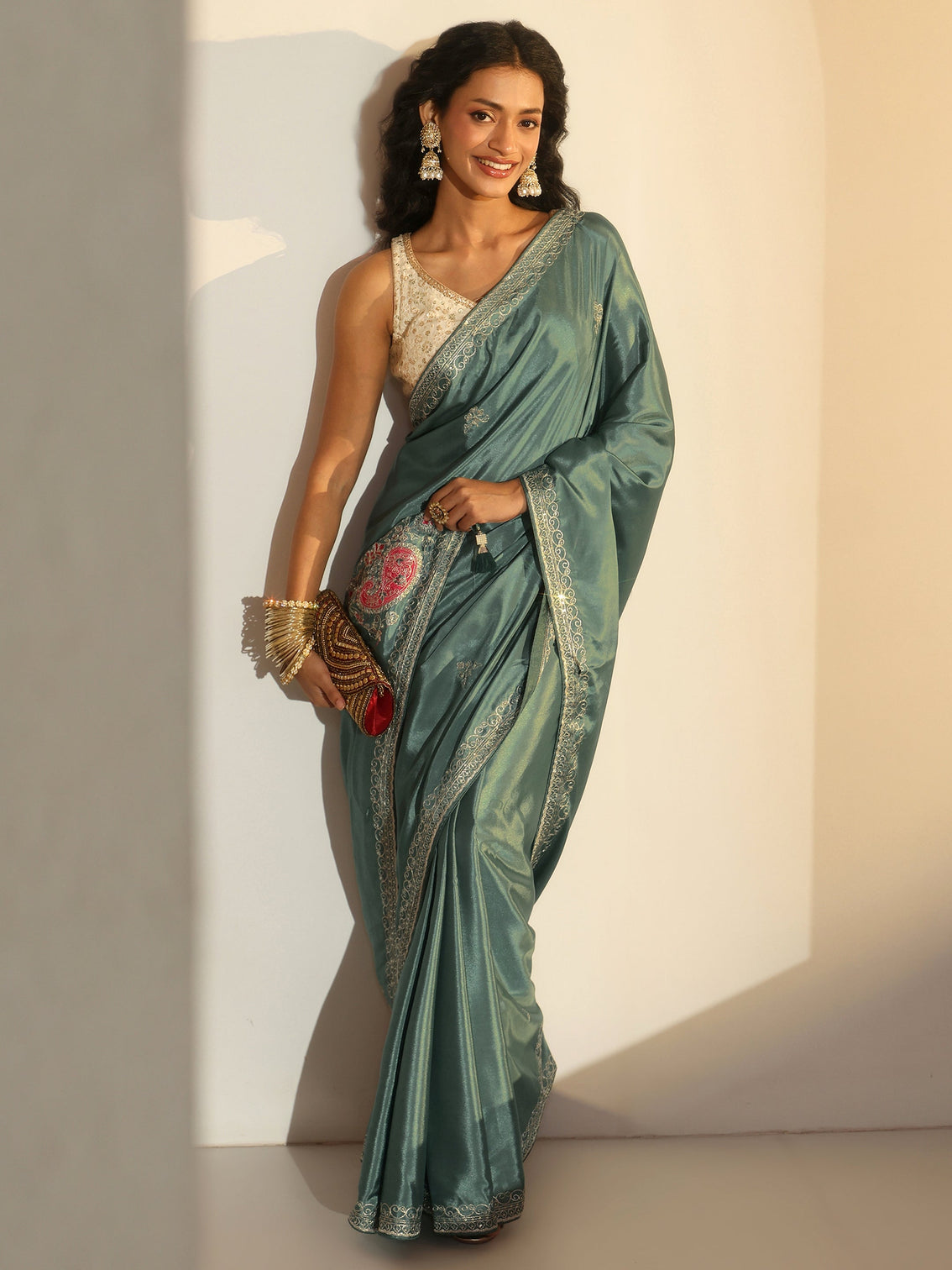 Mameraa Aqua Green Embroidered Silk Blend Saree