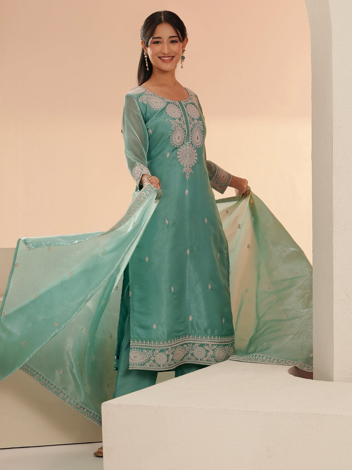 Mameraa Arctic Blue Embroidered Tissue Straight Suit Set