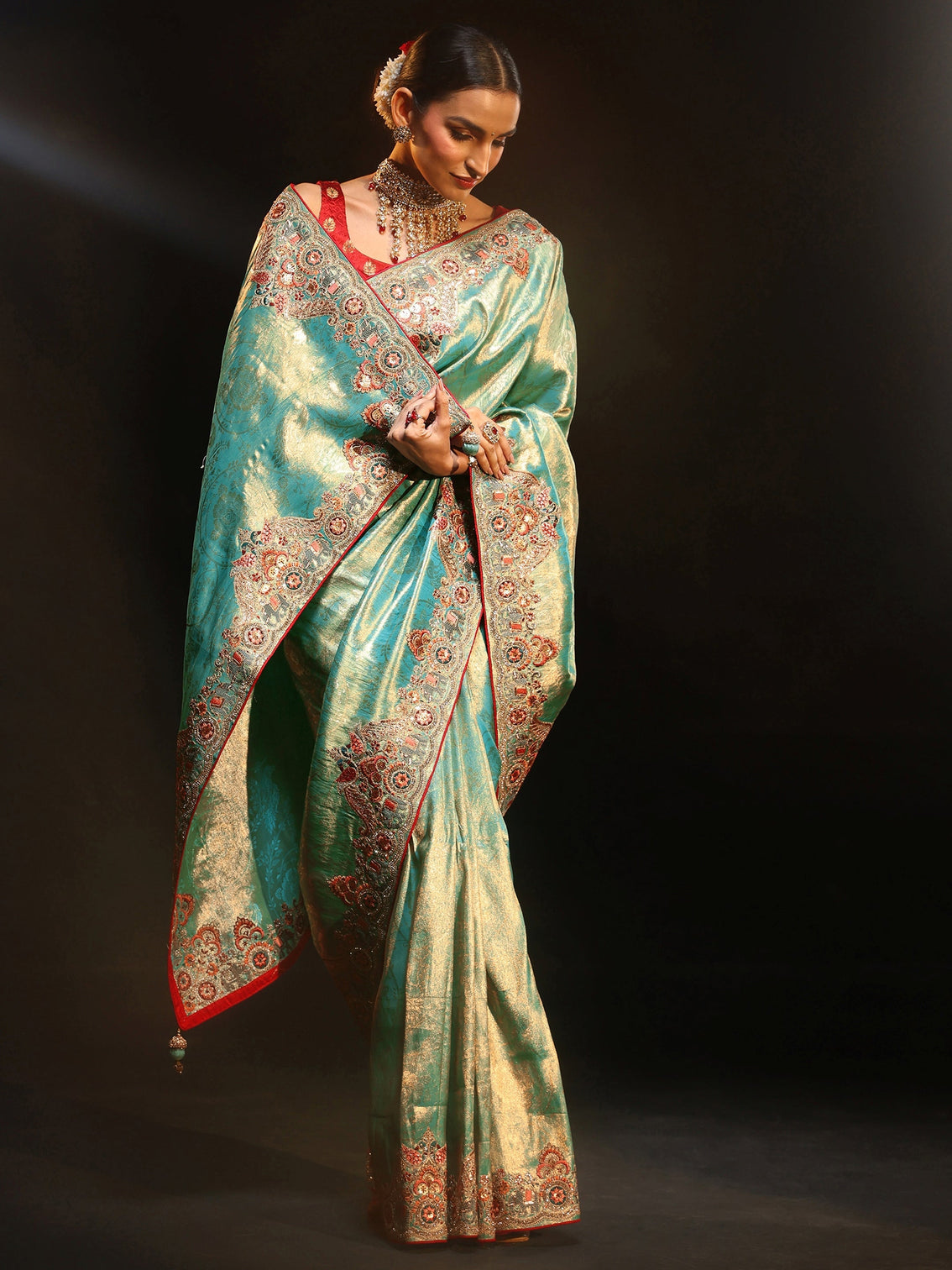 Mameraa Art Aqua Blue Woven Design Saree with Embroidered Border