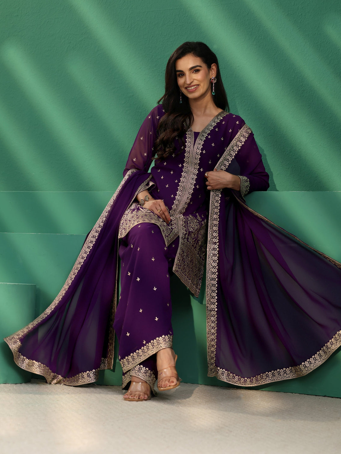 Mameraa Art Aubergine Purple Embellished Georgette Palazzo Suit Set