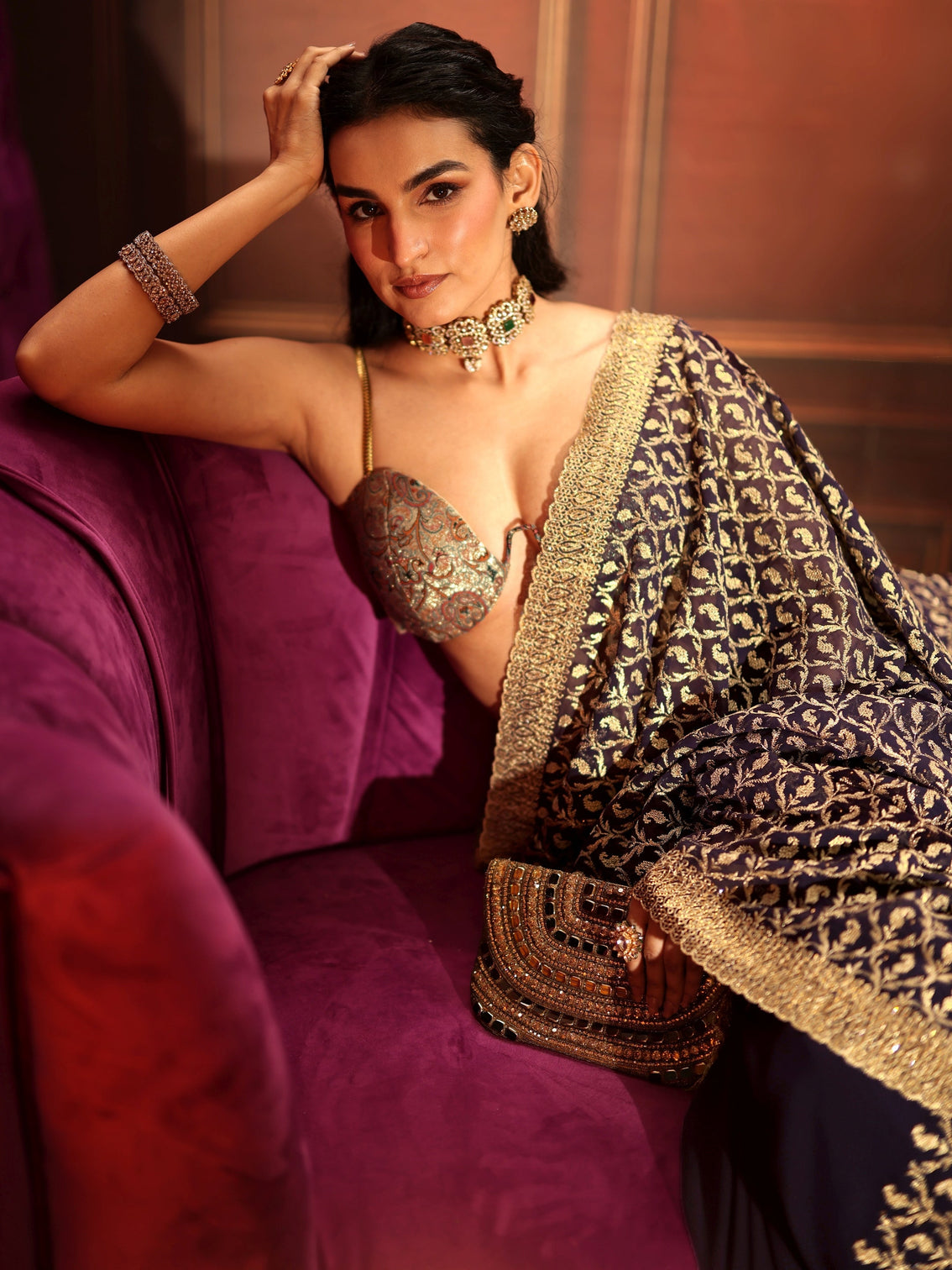 Mameraa Art Aubergine Purple Embroidered Georgette Saree