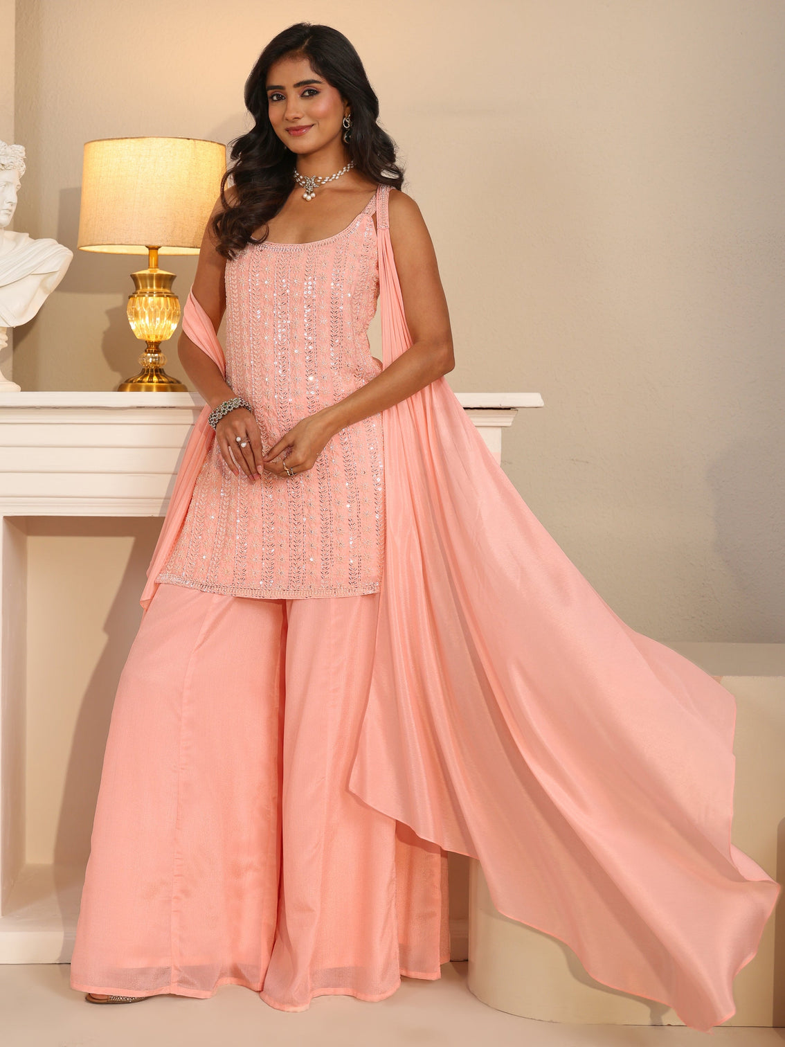 Mameraa Art Baby Pink Embellished Strappy Chinon Palazzo Suit Set