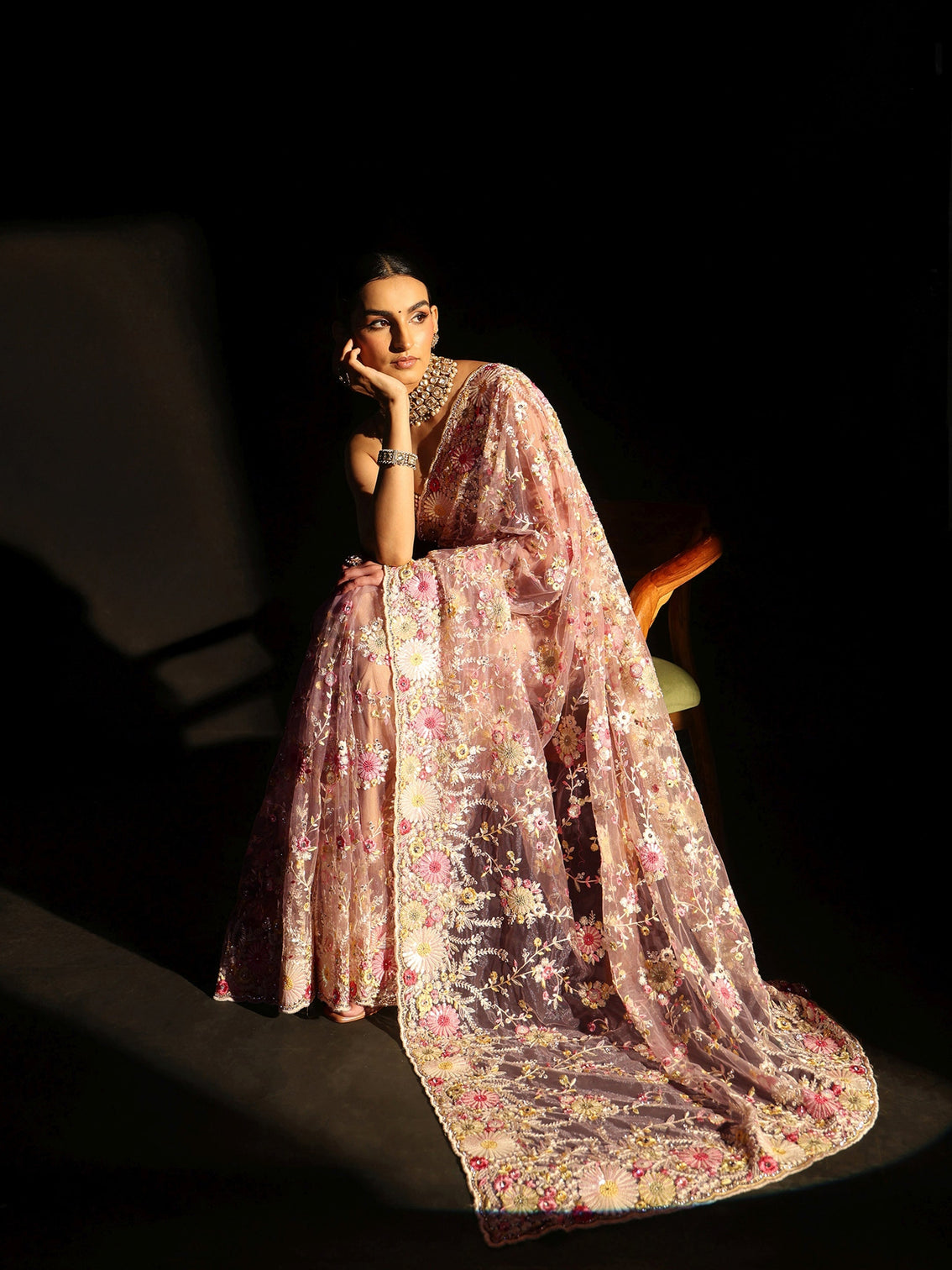 Mameraa Art Baby Pink Floral Embroidered Net Saree