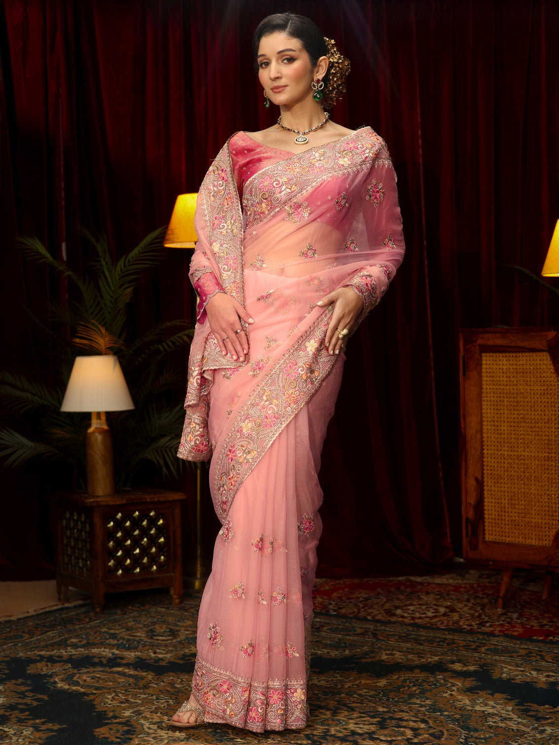 Mameraa Art Baby Pink Floral Embroidered Tissue Saree