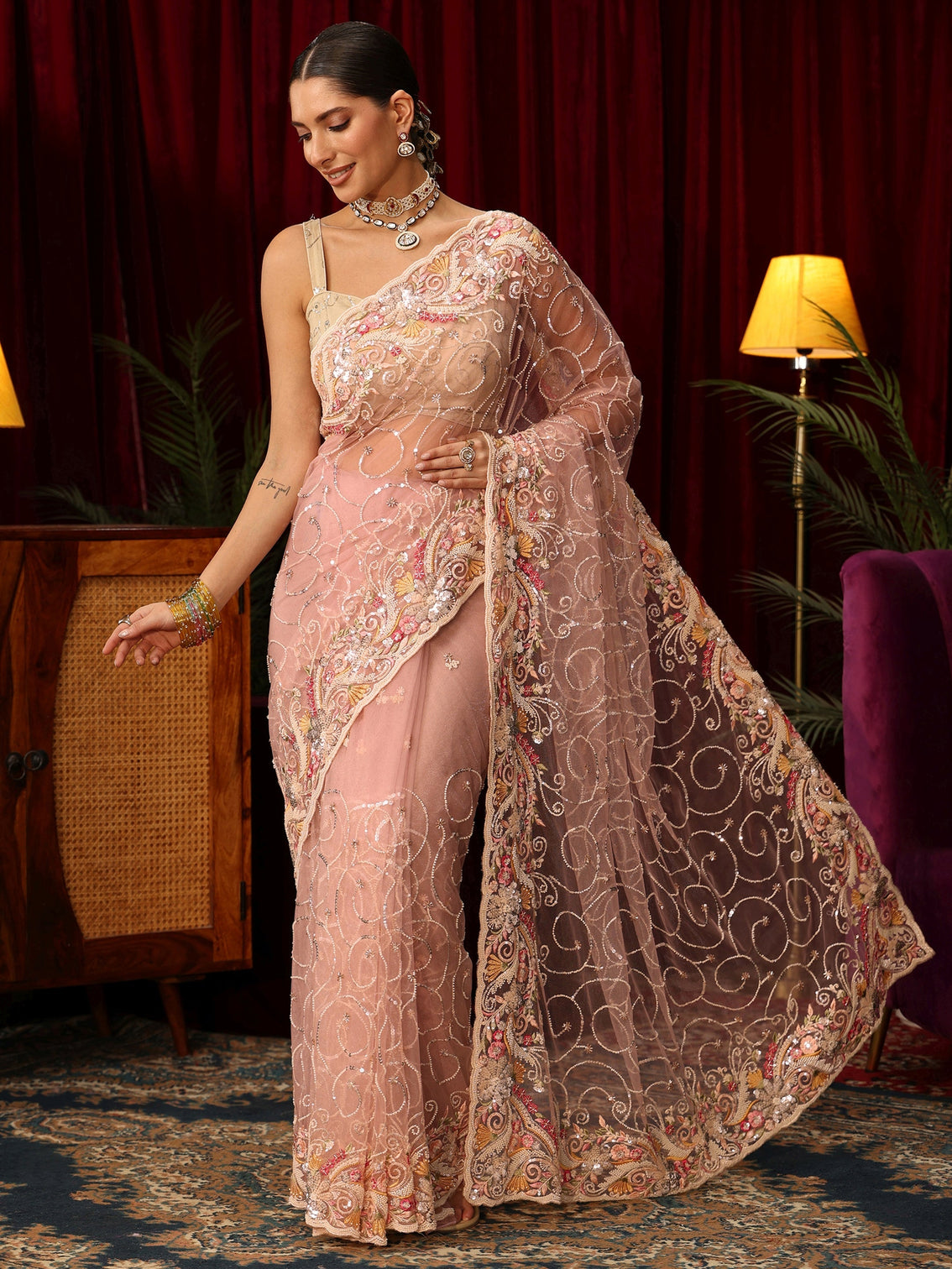 Mameraa Art Baby Pink Net Saree with Bead and Sequin Embellishment