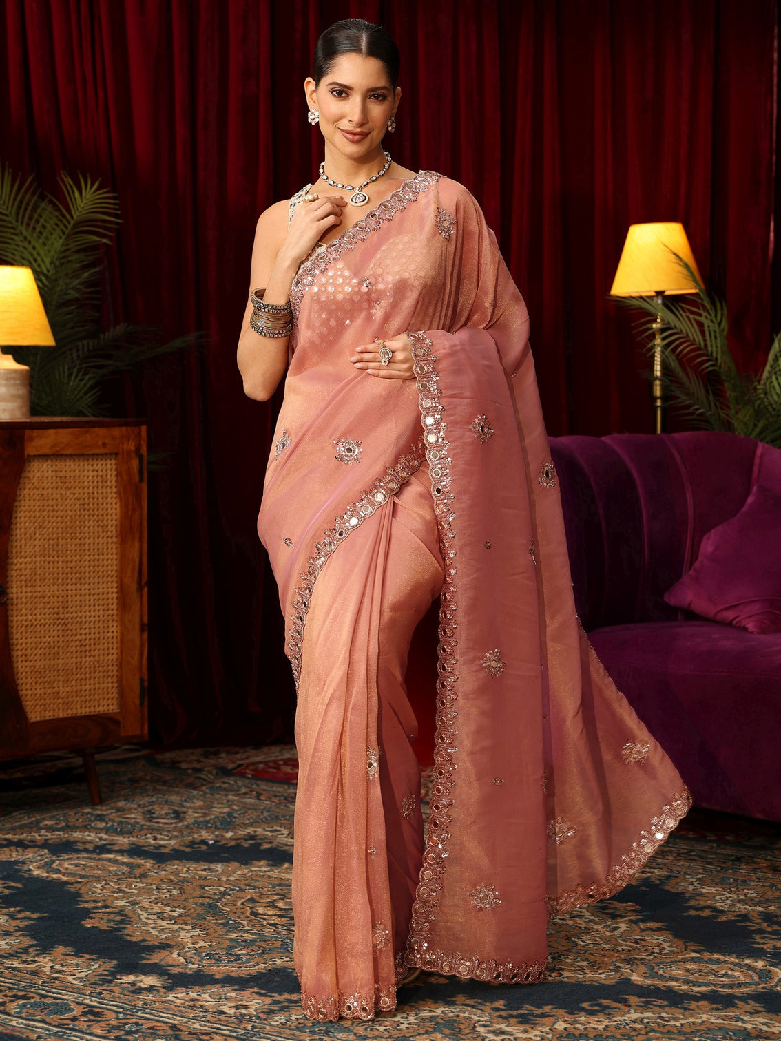 Mameraa Art Baby Pink Tisssue Saree with Mirror Work Floral Embellishments